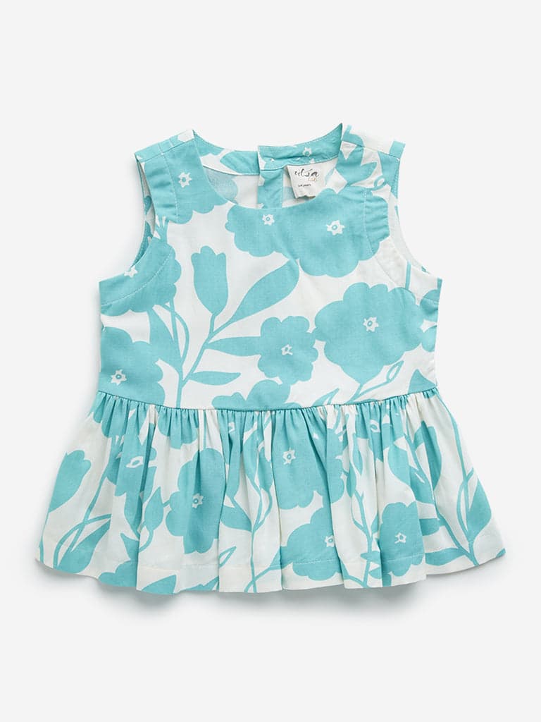 Utsa Kids Aqua Floral Print Peplum Top - (2 -8yrs)