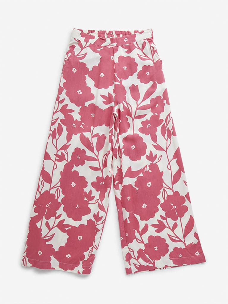 Utsa Kids Pink Floral Print High-Rise Palazzos - (8 -14yrs)