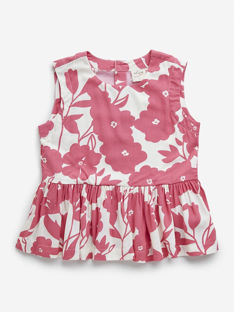 Utsa Kids Pink Floral Print Peplum Top - (8 -14yrs)