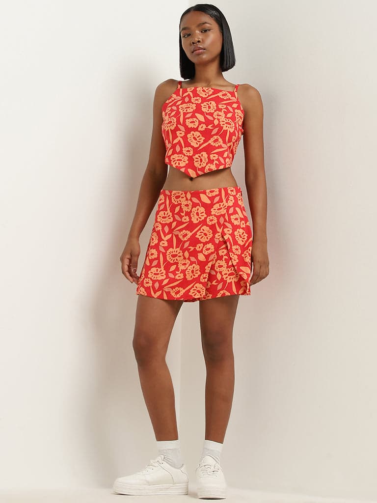 Nuon Red Floral Printed Mid-Rise Blended Linen Skort