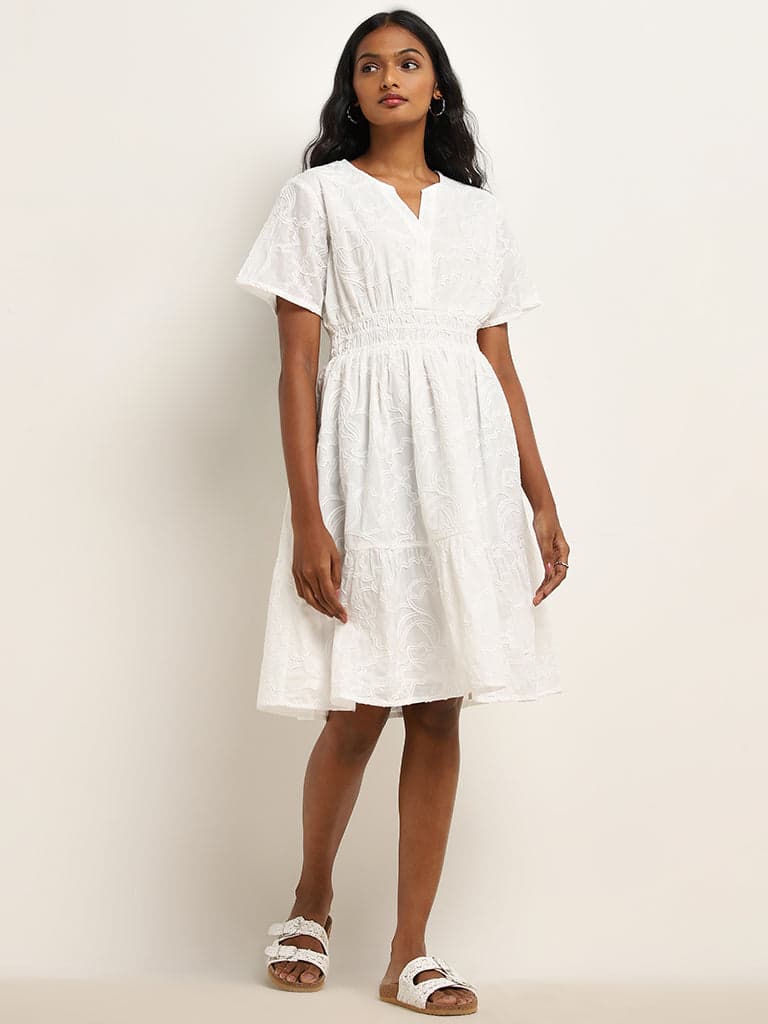 LOV White Embroidered Tiered Cotton Dress