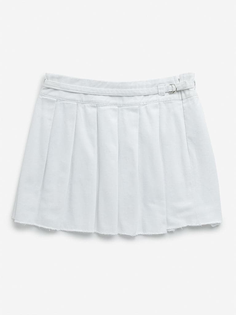 Y&F Kids White Box Pleated Mid-Rise Denim Skirt