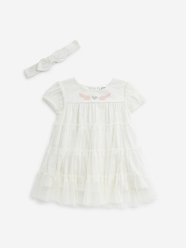 HOP Baby White Tiered Empire-Line Dress with Hairband