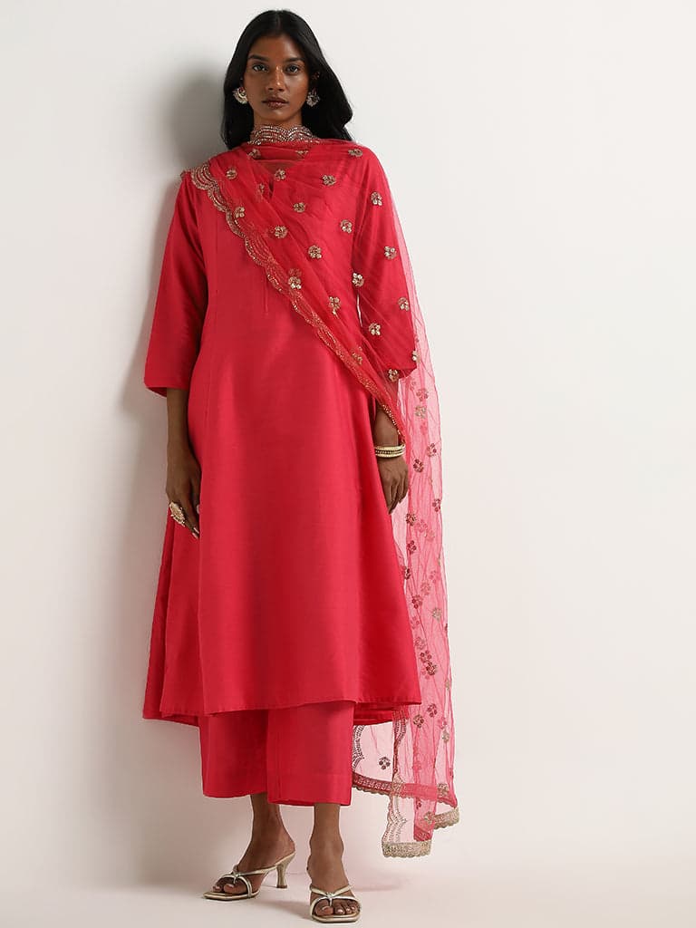 Vark Magenta Embellished Kurta, Palazzos and Dupatta Set