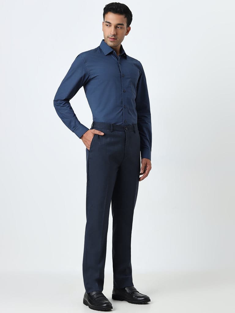 WES Formals Navy Checkered Slim-Fit Mid-Rise Trousers