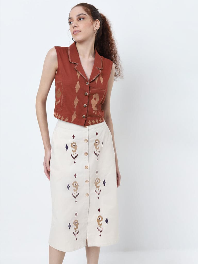 Bombay Paisley Light Beige Embroidered Cotton Blend Skirt