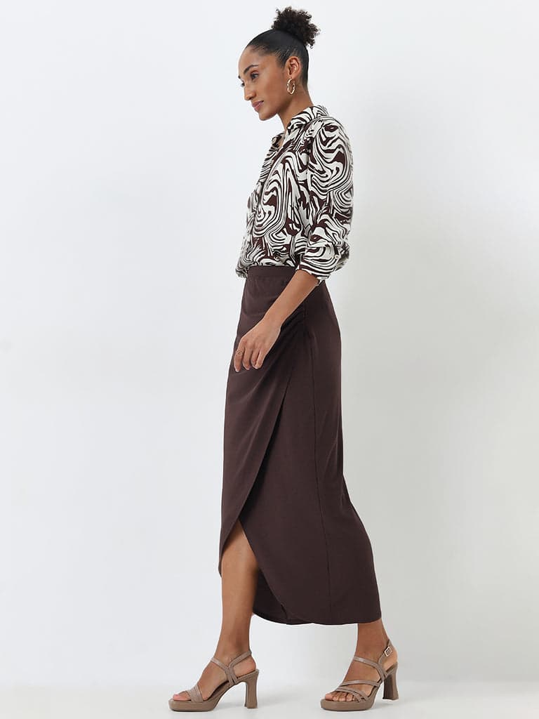 Wardrobe Brown Ruched Detailed High-Rise Skirt