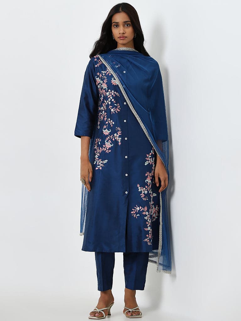 Vark Blue Floral Embroidered Kurta, Pants and Dupatta Set