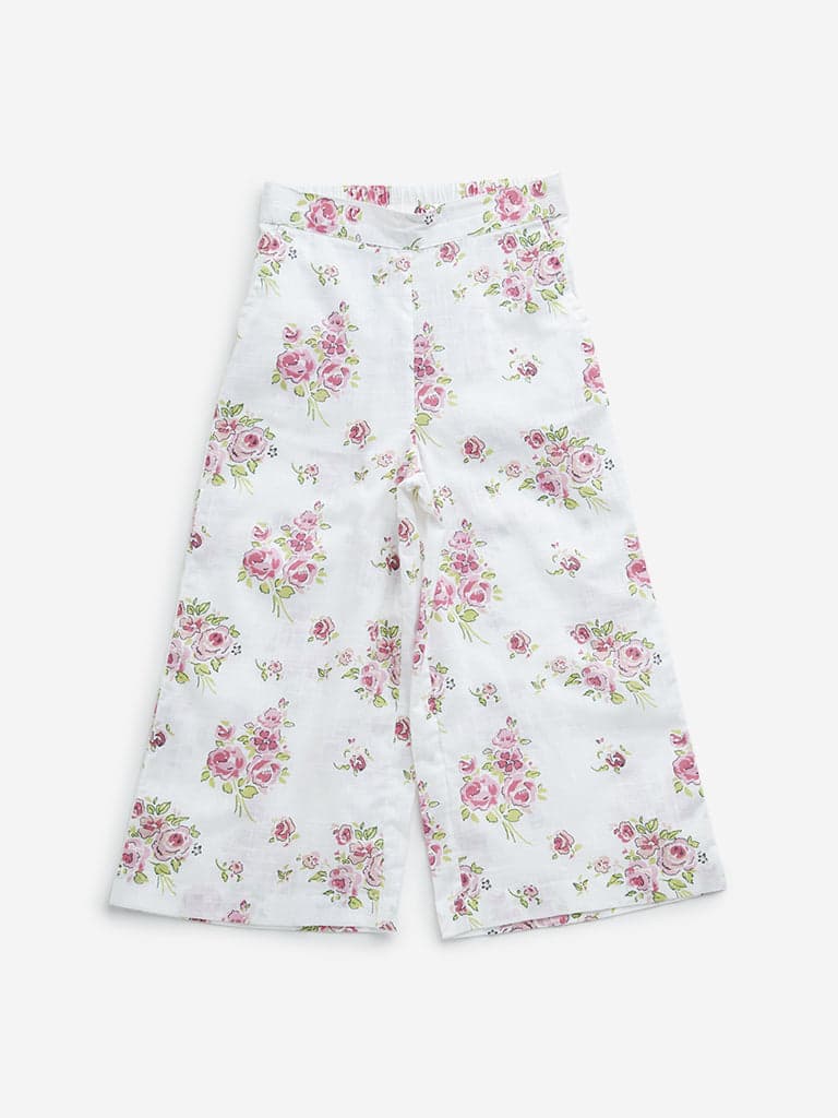 Utsa Kids White Floral Print High-Rise Cotton Palazzos - (2 -8yrs)