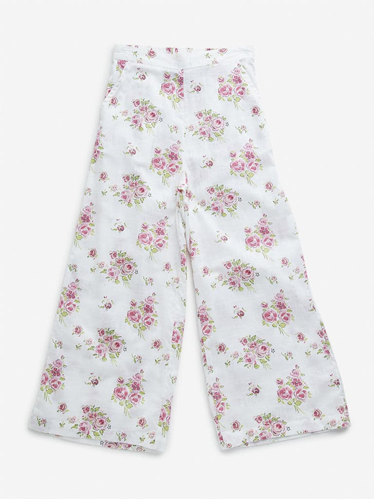 Utsa Kids White Floral Print High-Rise Cotton Palazzos - (8 -14yrs)