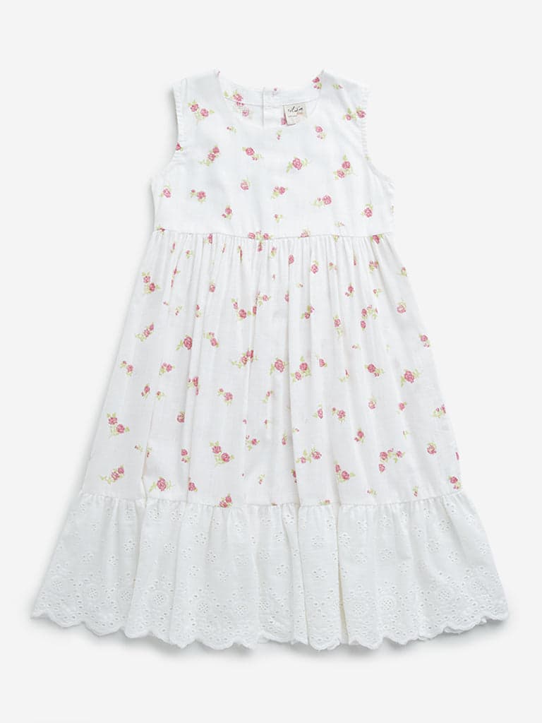 Utsa Kids White Floral Printed Cotton Tiered Dress - (8 -14yrs)