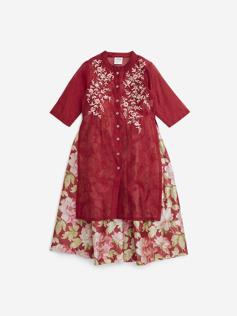 Utsa Kids Red Floral Embroidered A-Line Kurta with Inner - (2 -8yrs)