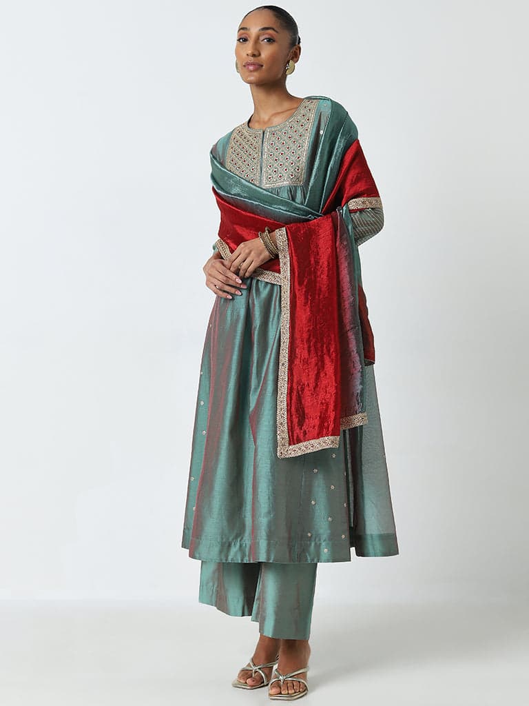 Vark Teal Embroidered Kurta, Ethnic Pants and Dupatta Set