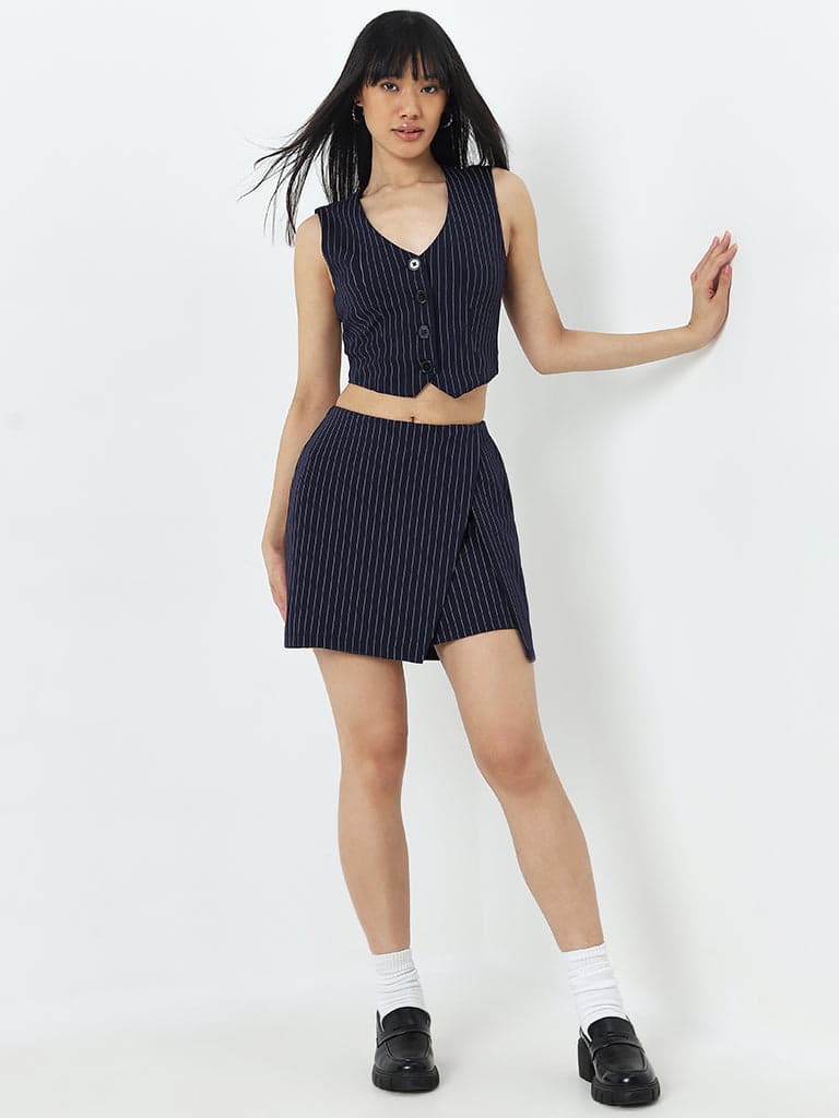 Nuon Navy Pinstripe Detailed High-Rise Skort