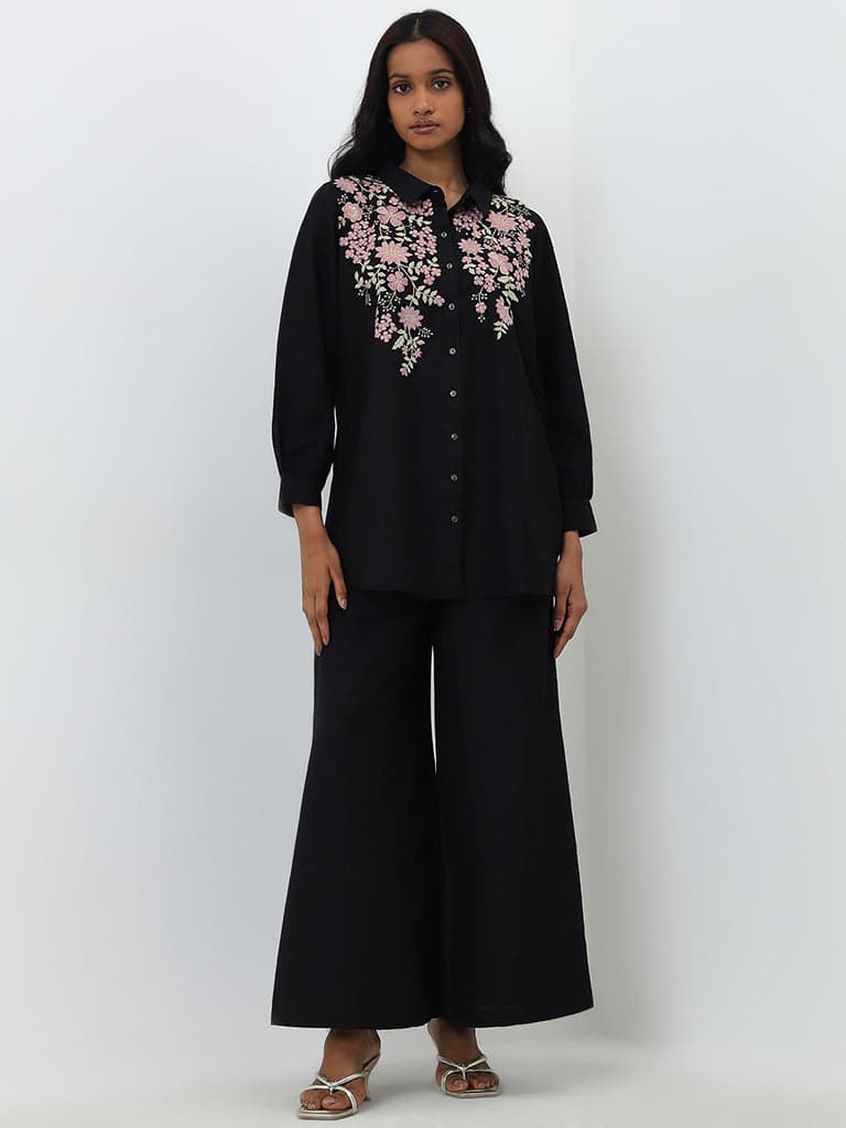 Vark Black Floral Embroidered Tunic & Palazzos Set