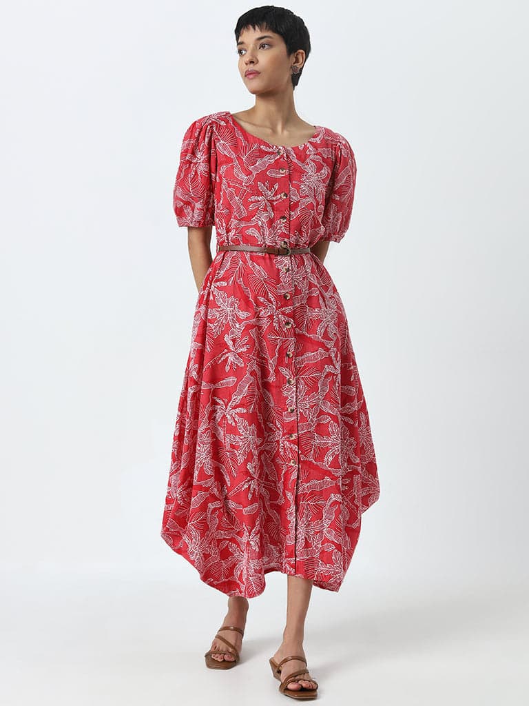 Utsa Red Floral Design A-Line Cotton Dress with Belt