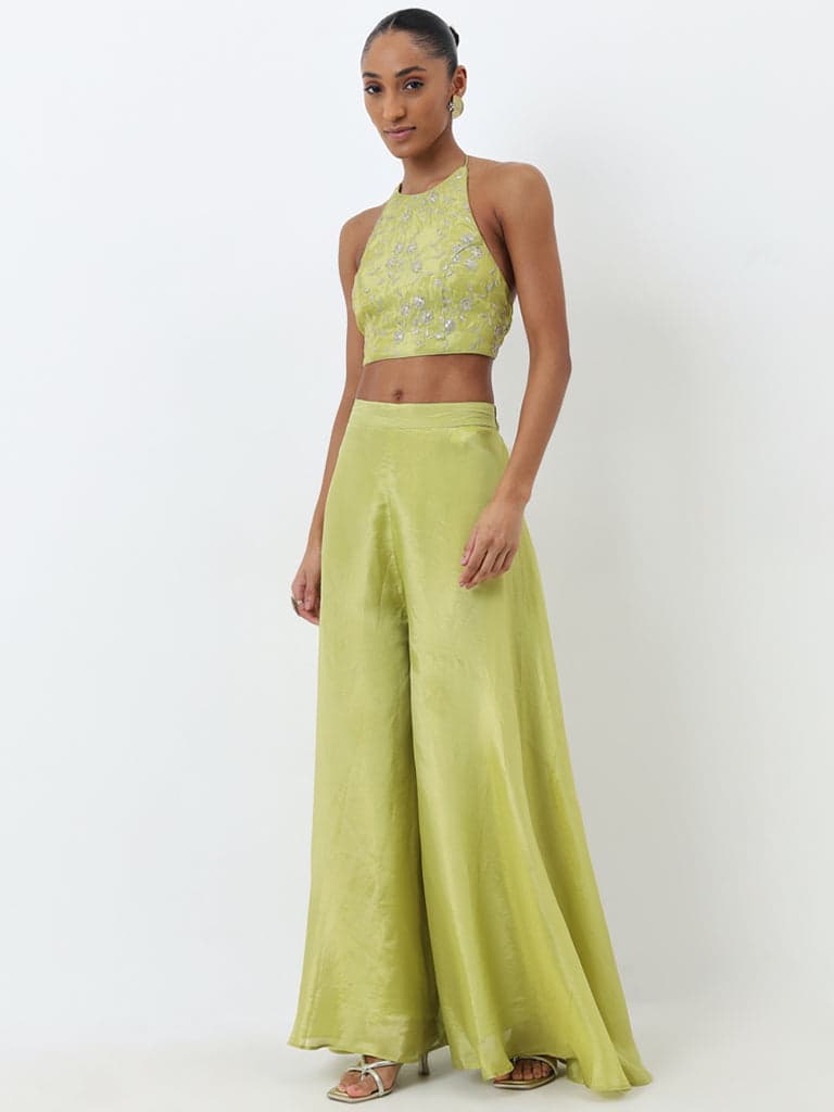 Vark Lime Floral Embellished Top and Palazzos Set