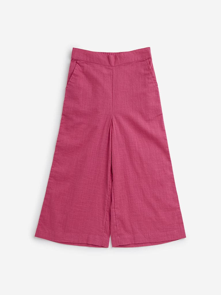 Utsa Kids Dark Pink Solid Mid-Rise Cotton Palazzos - (2 -8yrs)