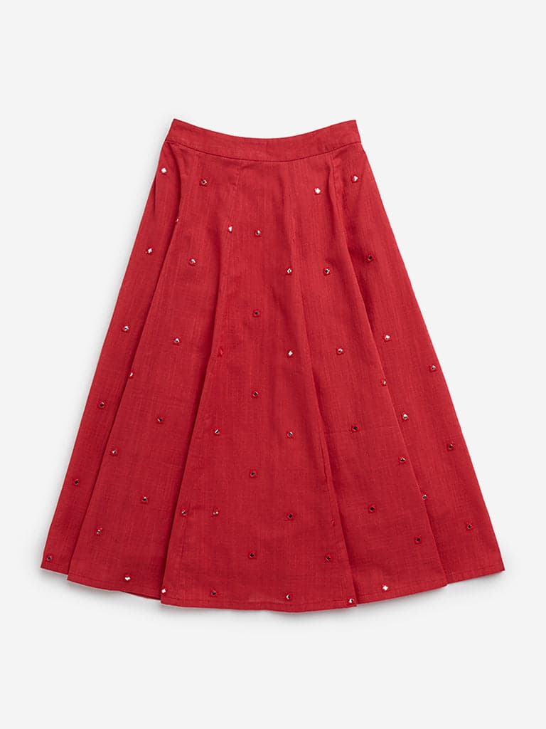 Utsa Kids Red Mirror-Work Design High-Rise Cotton Skirt - (2 -8yrs)