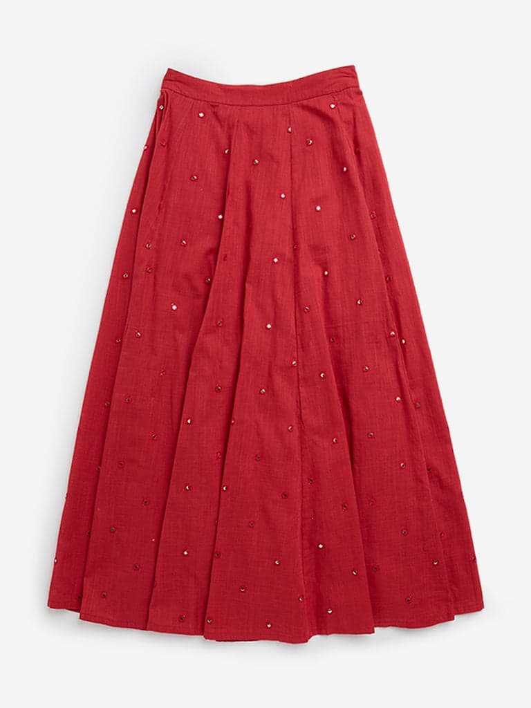 Utsa Kids Red Embellished High-Rise Cotton Skirt - (8 -14yrs)