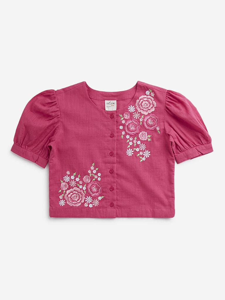 Utsa Kids Dark Pink Floral Embroidered Cotton Ethnic Top - (8 -14yrs)