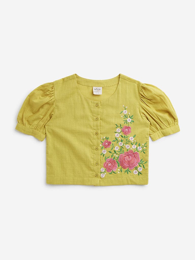 Utsa Kids Yellow Floral Embroidered Cotton Ethnic Top - (8 -14yrs)