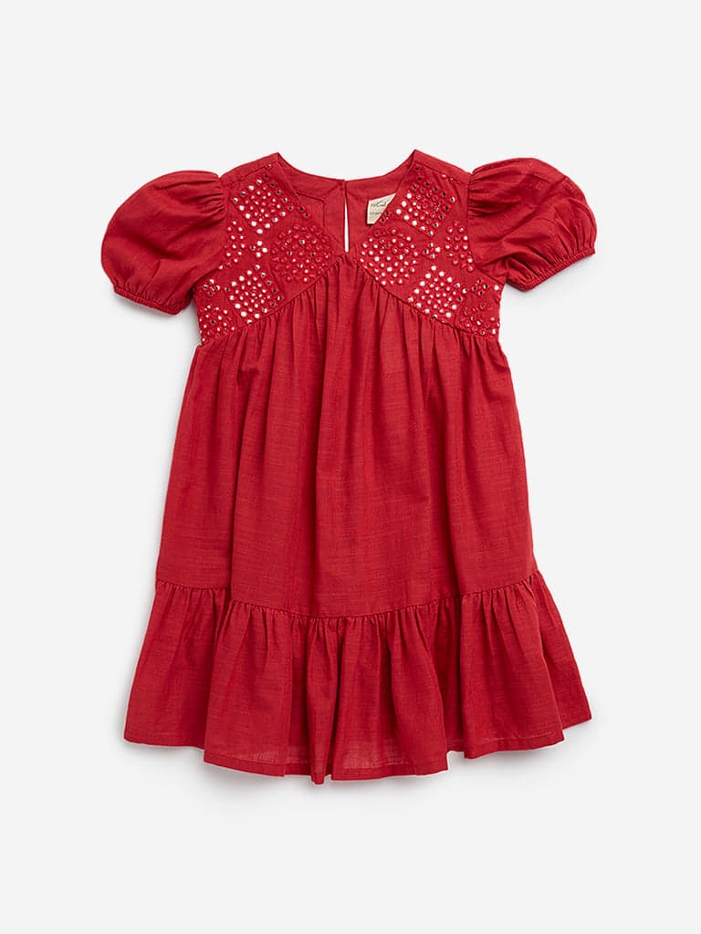 Utsa Kids Red Mirror-Work Design Cotton Dress - (2 -8yrs)