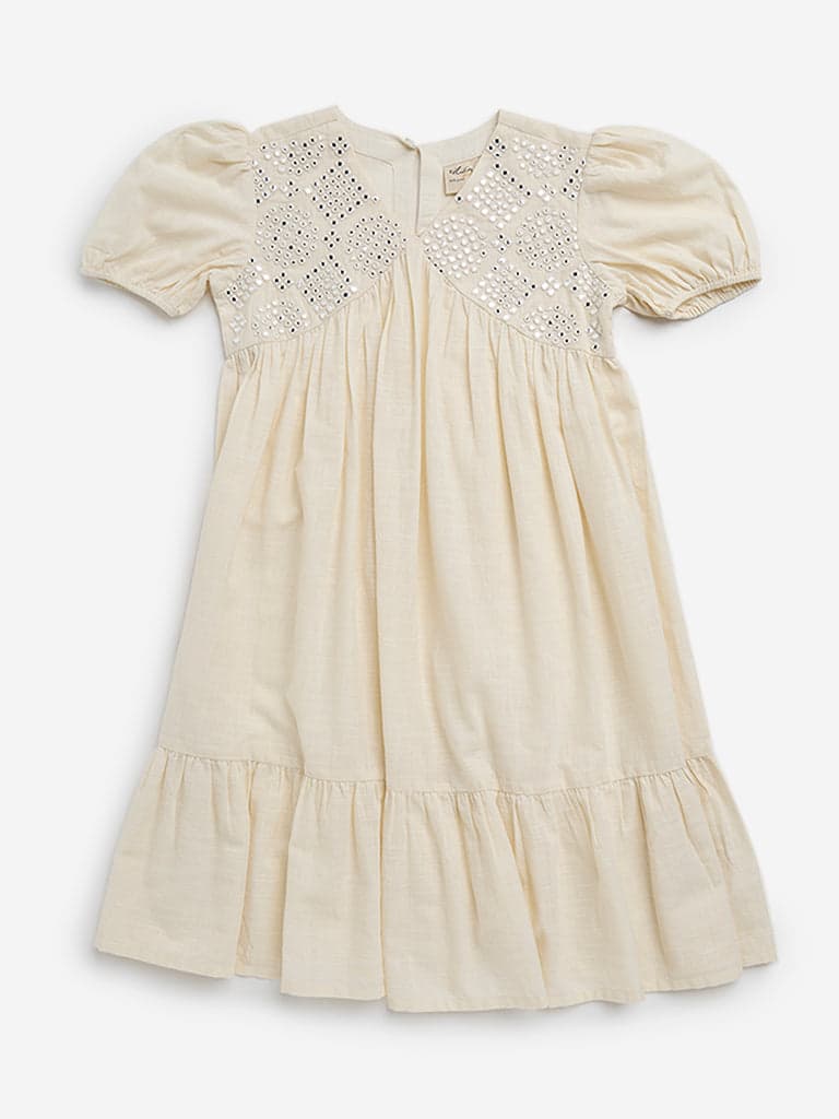 Utsa Kids Off-White Embellished Empire Line Cotton Dress - (8 -14yrs)