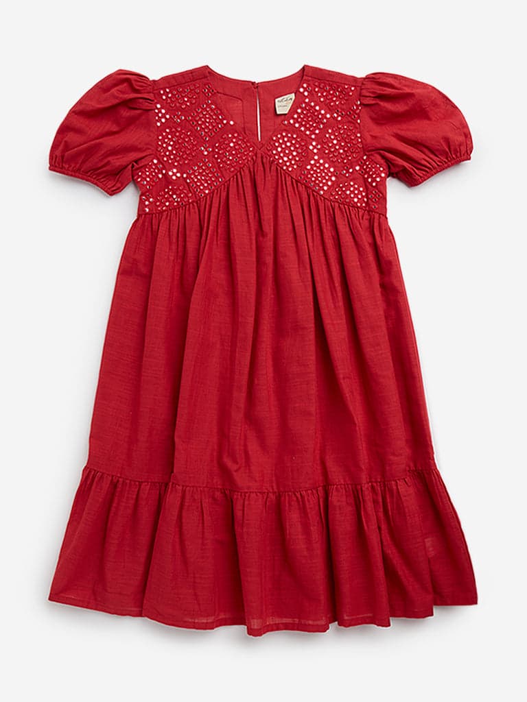 Utsa Kids Red Embellished Empire Line Cotton Dress - (8 -14yrs)