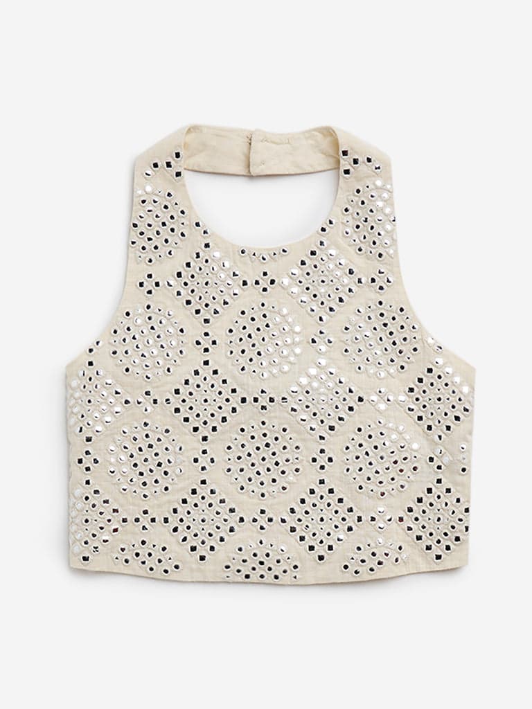 Utsa Kids Off-White Embellished Cotton Blouse - (8 -14yrs)