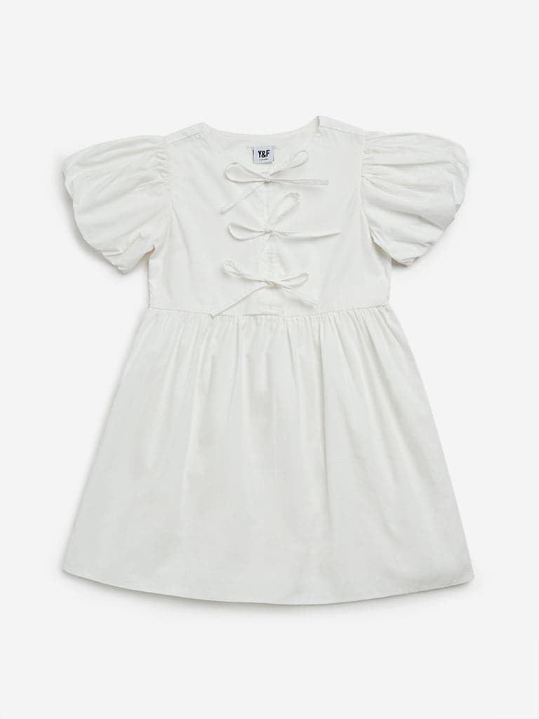 Y&F Kids White Knot-Detailed A-Line Dress