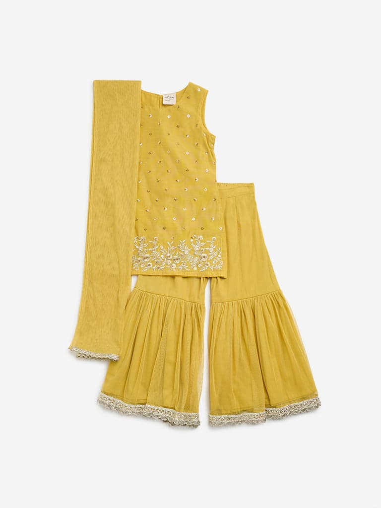 Utsa Kids Yellow Embellished Kurta, Sharara and Dupatta Set - (2 -8yrs)