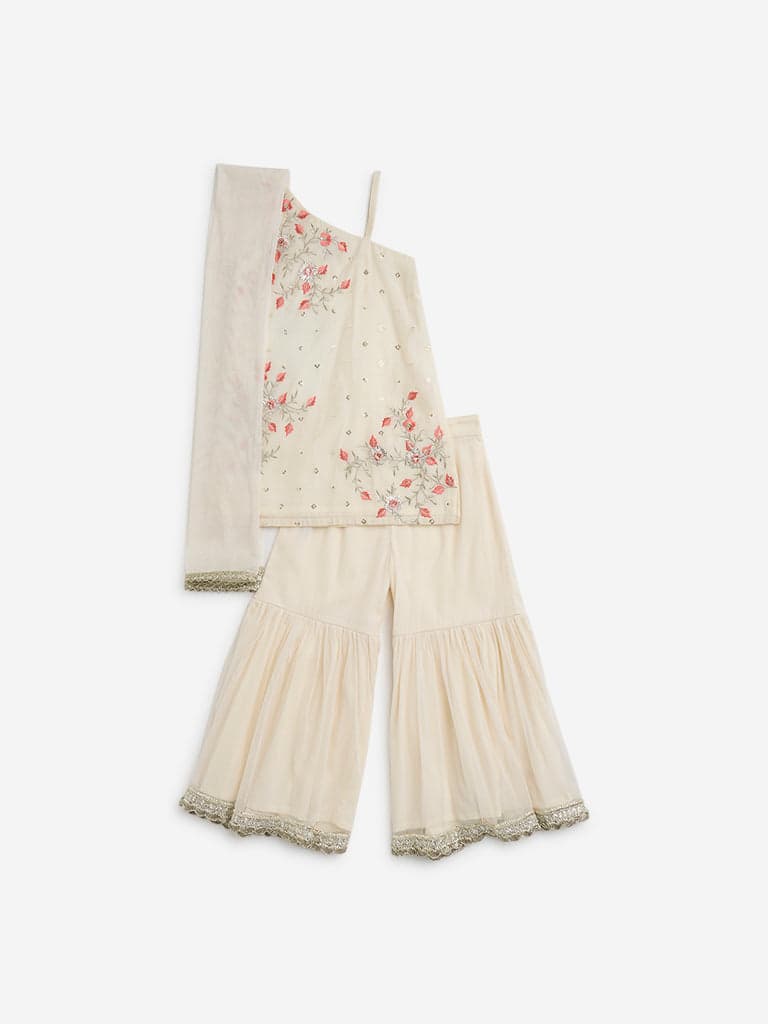 Utsa Kids Off-White Floral Embellished A-Line Kurta, Sharara and Dupatta Set - (2 -8yrs)