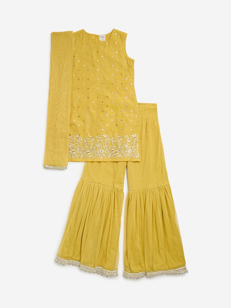 Utsa Kids Yellow Embellished Kurta, Sharara and Dupatta Set - (8 -14yrs)