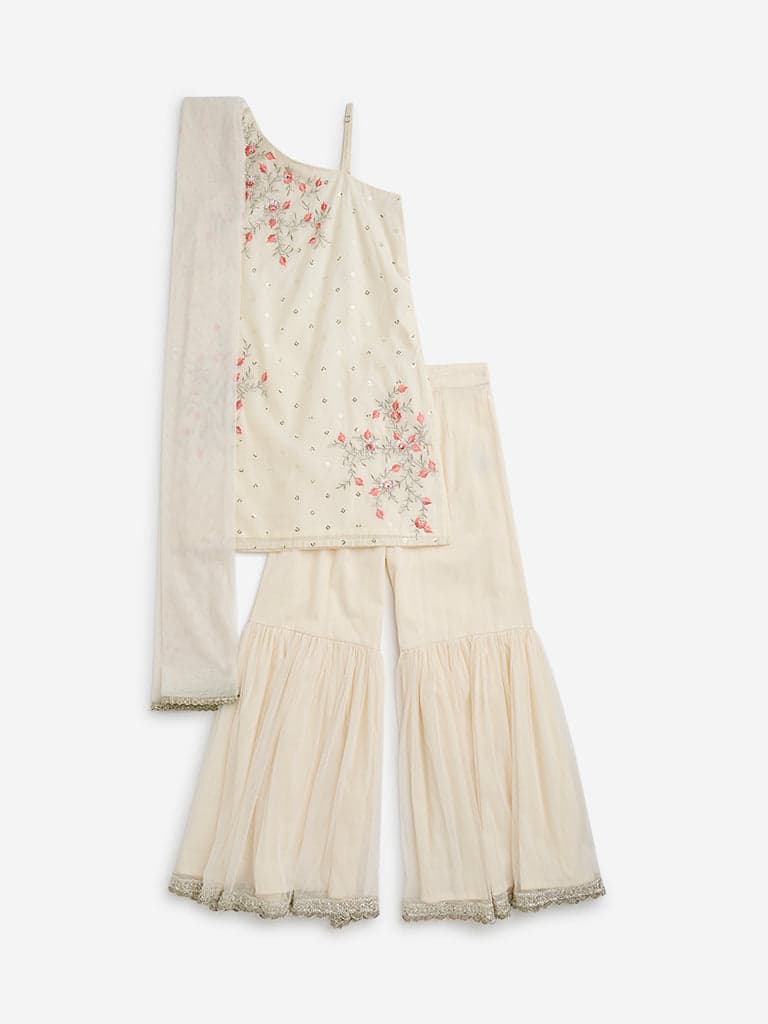 Utsa Kids Off-White Floral Embellished A-Line Kurta, Sharara and Dupatta Set - (8 -14yrs)