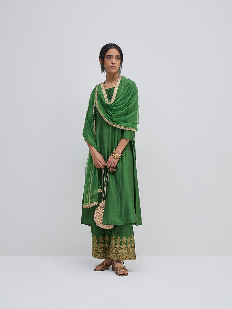 Vark Green Solid A-Line Kurta, Pants and Dupatta Set