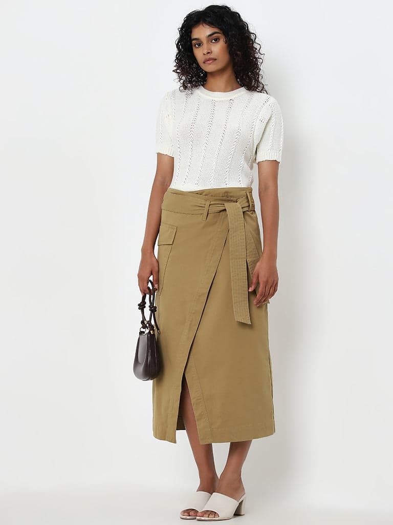 LOV Dark Beige Asymmetrical High-Rise Skirt with Belt