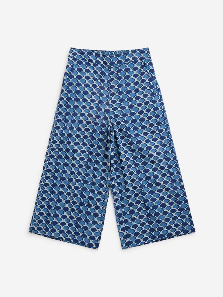 Utsa Kids Indigo Block Printed High-Rise Cotton Pants - (2 -8yrs)