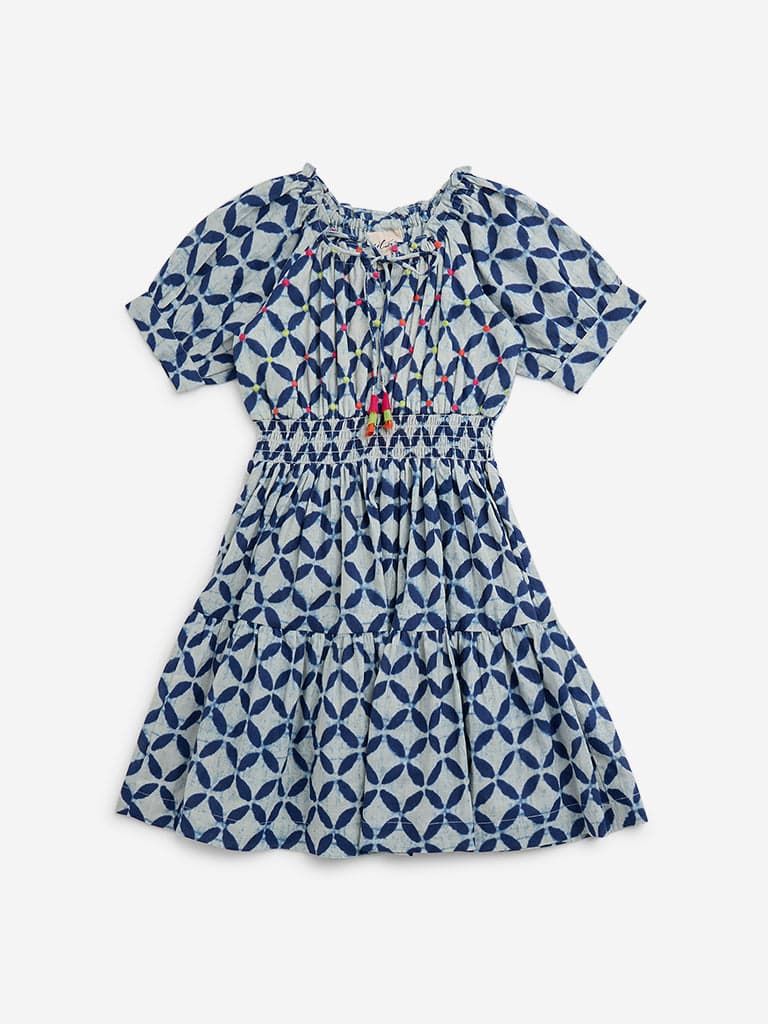 Utsa Kids Indigo Patterned Cotton A-Line Dress - (2 -8yrs)