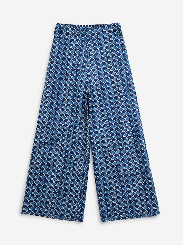 Utsa Kids Indigo Block Printed High-Rise Cotton Pants - (8 -14yrs)