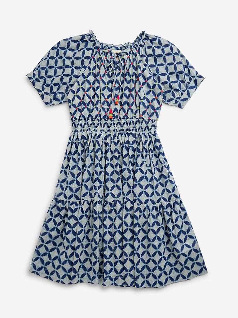 Utsa Kids Indigo Patterned Cotton A-Line Dress - (8 -14yrs)