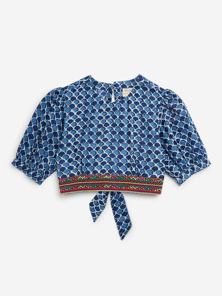 Utsa Kids Indigo Embellished and Knot-Detail Cotton Blouse - (8 -14yrs)