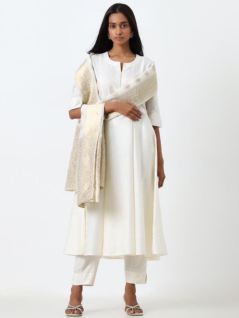 Vark Off-White Kurta, Ethnic Pants and Dupatta Set