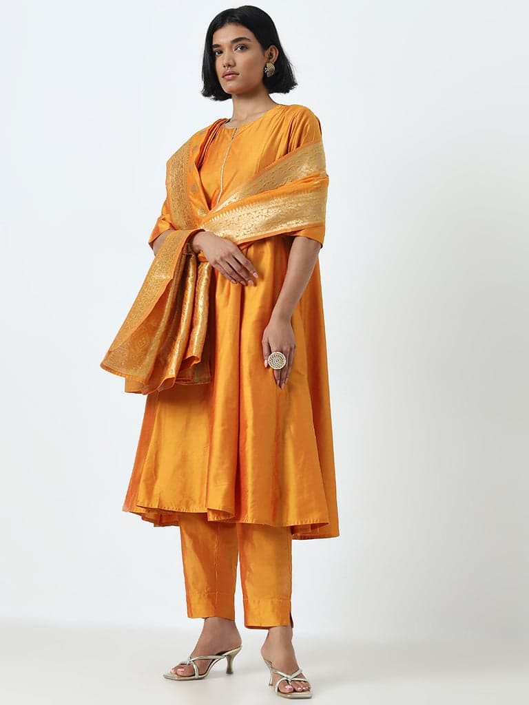 Vark Orange Fit-and-Flare Kurta, Pants and Dupatta Set