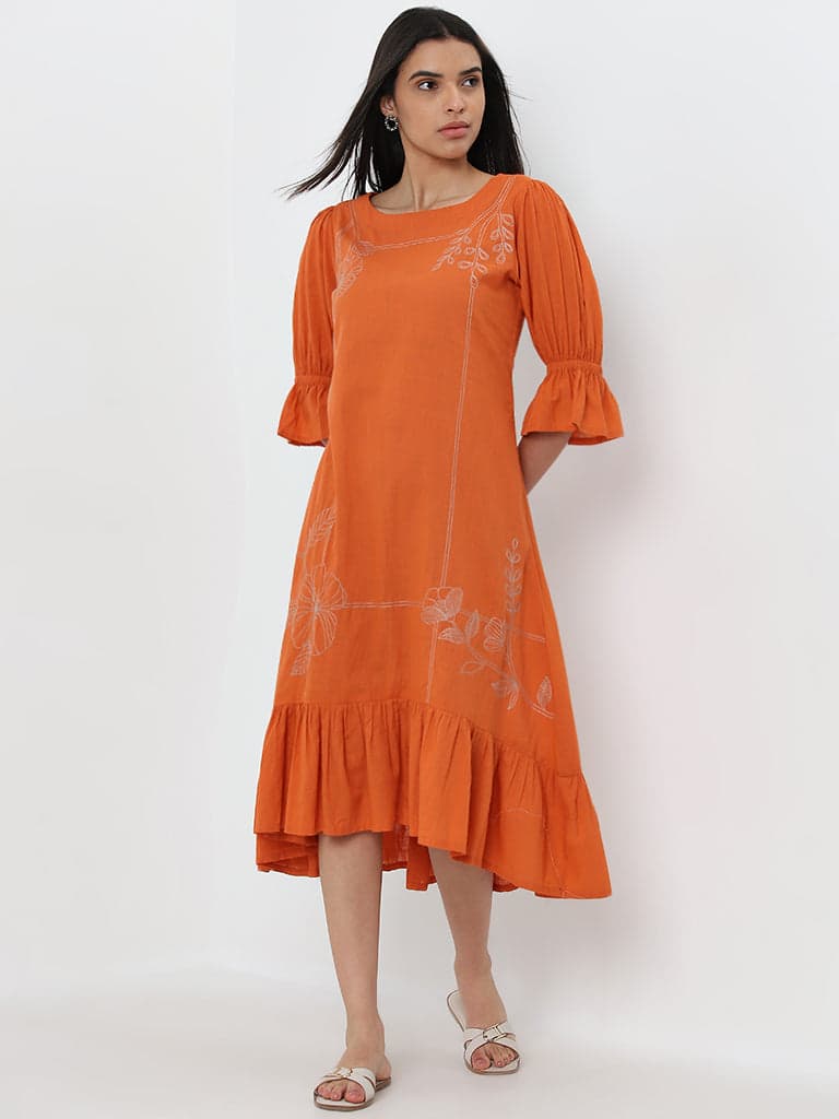 Utsa Orange Floral Embroidered A-Line Cotton Dress