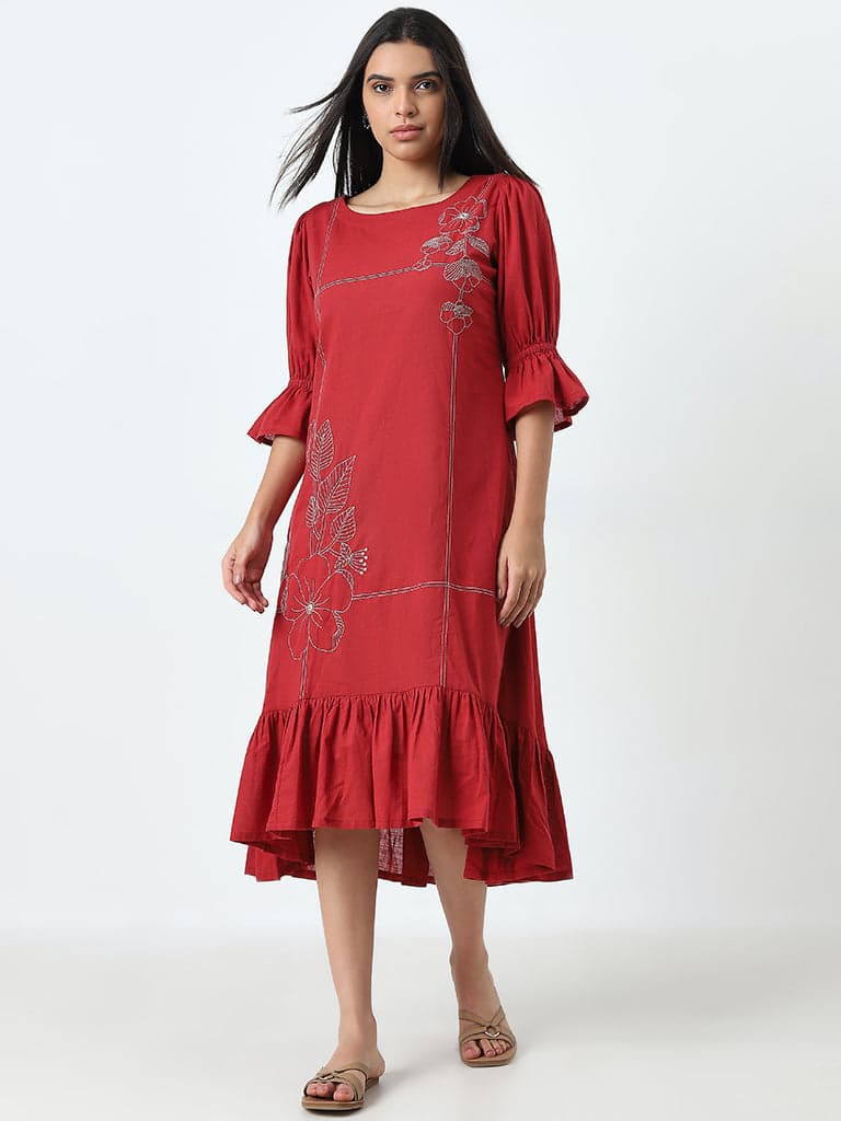 Utsa Red Floral Embroidered A-Line Cotton Dress