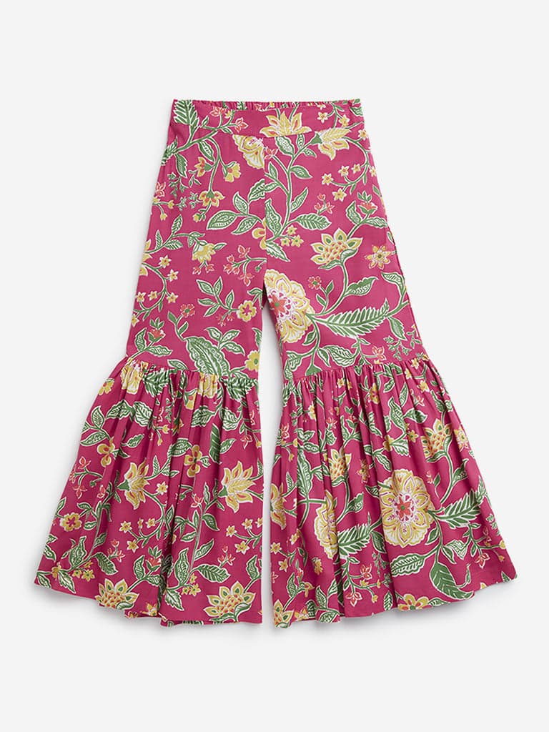 Utsa Kids Dark Pink Floral Printed High-Rise Gharara - (2 -8yrs)