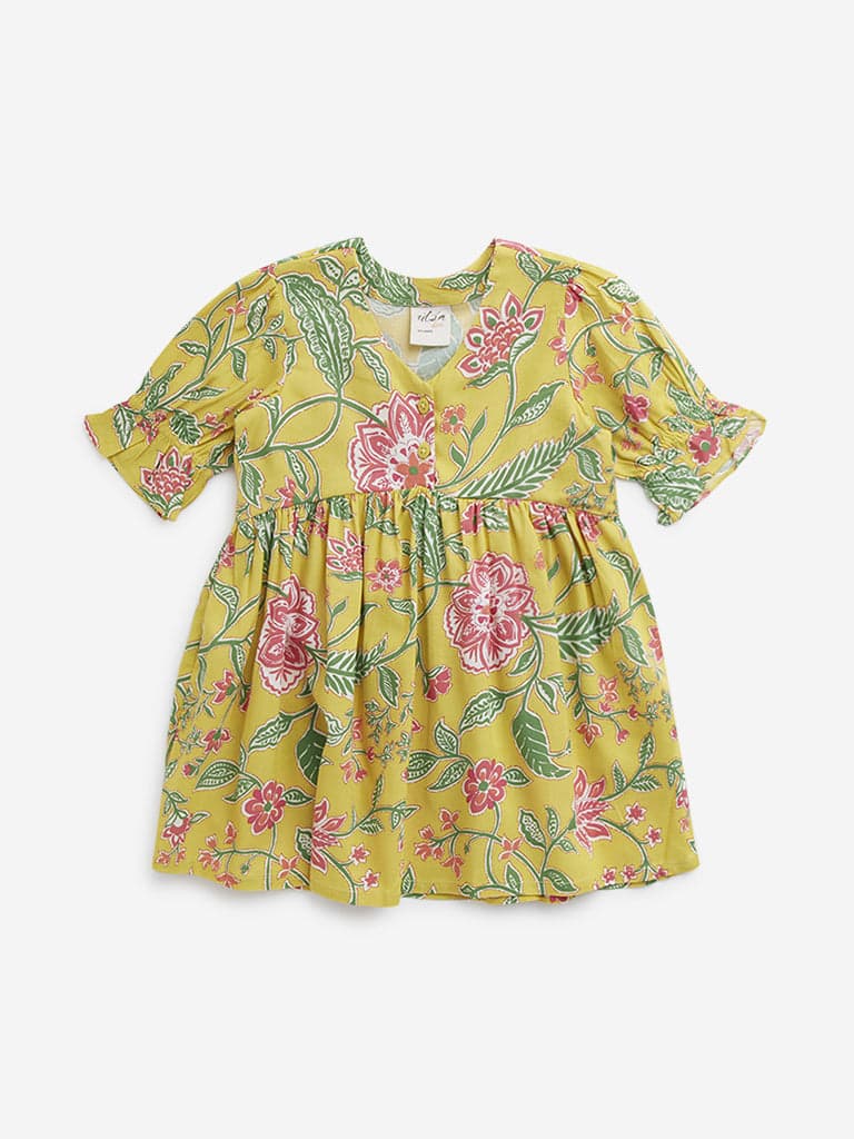 Utsa Kids Yellow Floral Printed Peplum Ethnic Top - (2 -8yrs)