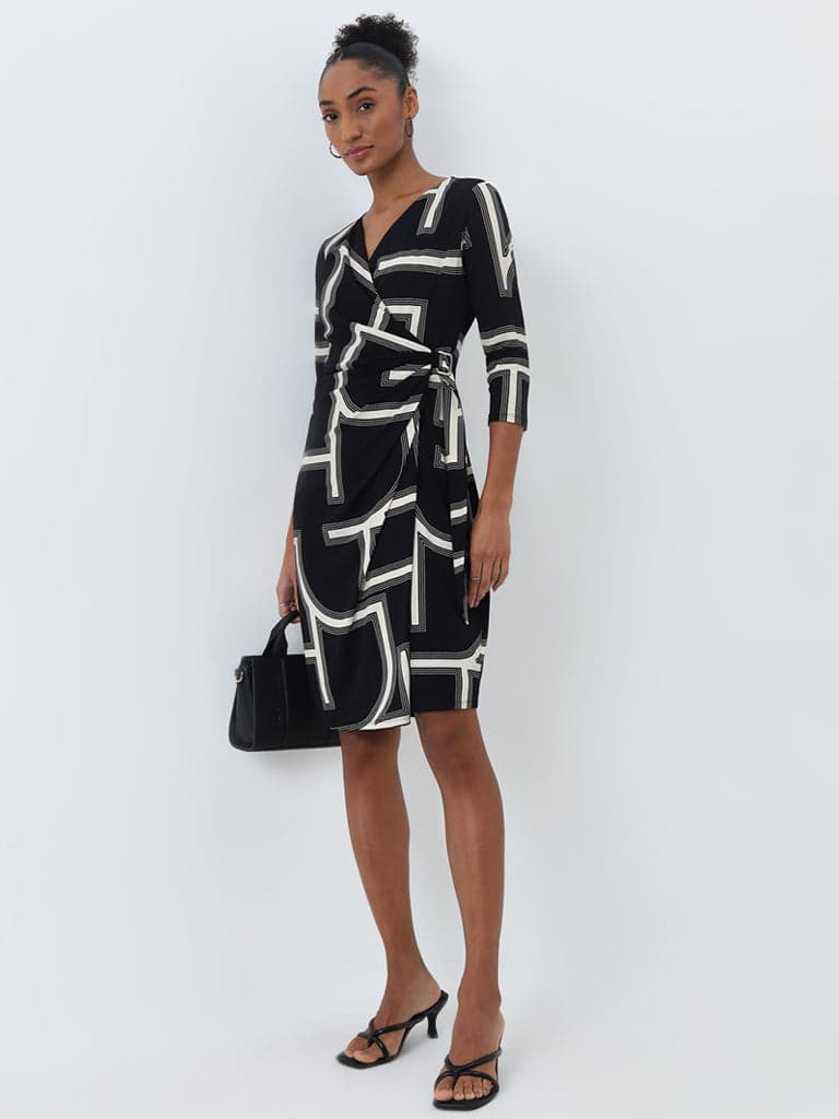 Wardrobe Black Abstract Printed Wrap Dress