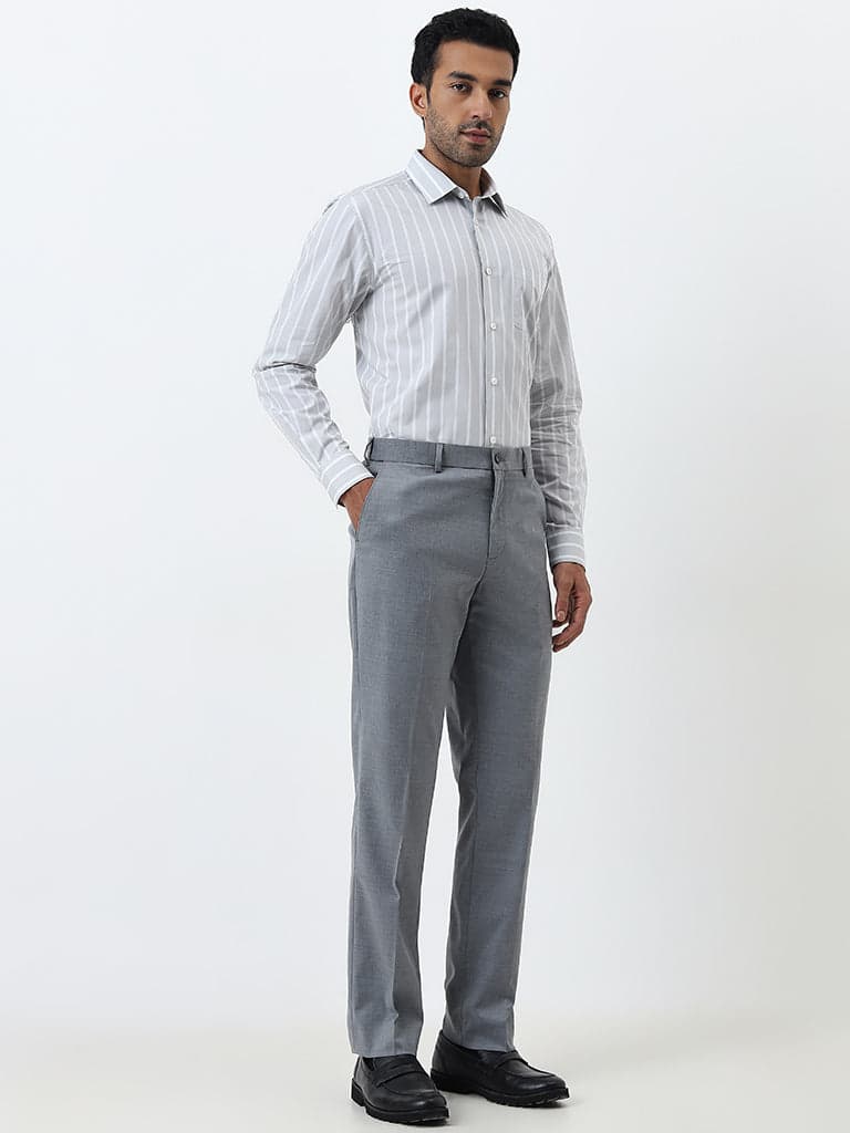 WES Formals Grey Slim-Fit Mid-Rise Trousers